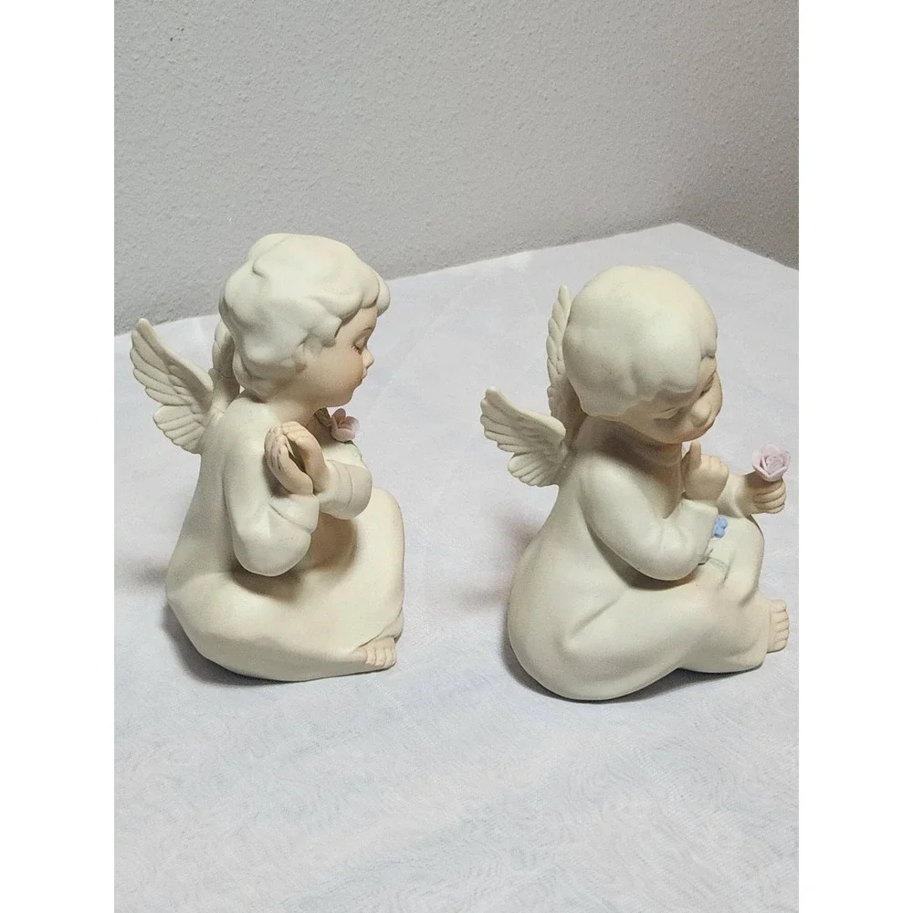 Vintage Bisque Porcelain Angel Cherub Figurines Set of 2 Cream Prayer Rose 4.5